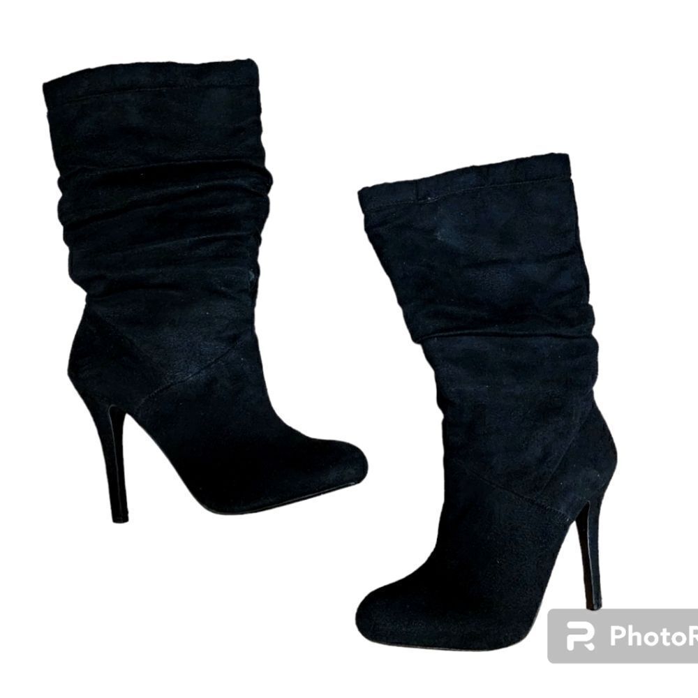 Black suede mid calf heeled booties